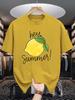 Unisex Crew Neck Tee Hey Summer Lemon Fruit Hand Drawn Print Soft Cotton Loose Short Sleeve Summer Casual Male Streetwear Tops