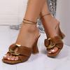 Fashion Square Heel Slippers Summer New Square Toe Metal Buckle Cutout Breathable Non-slip Wear-resistant High Heels
