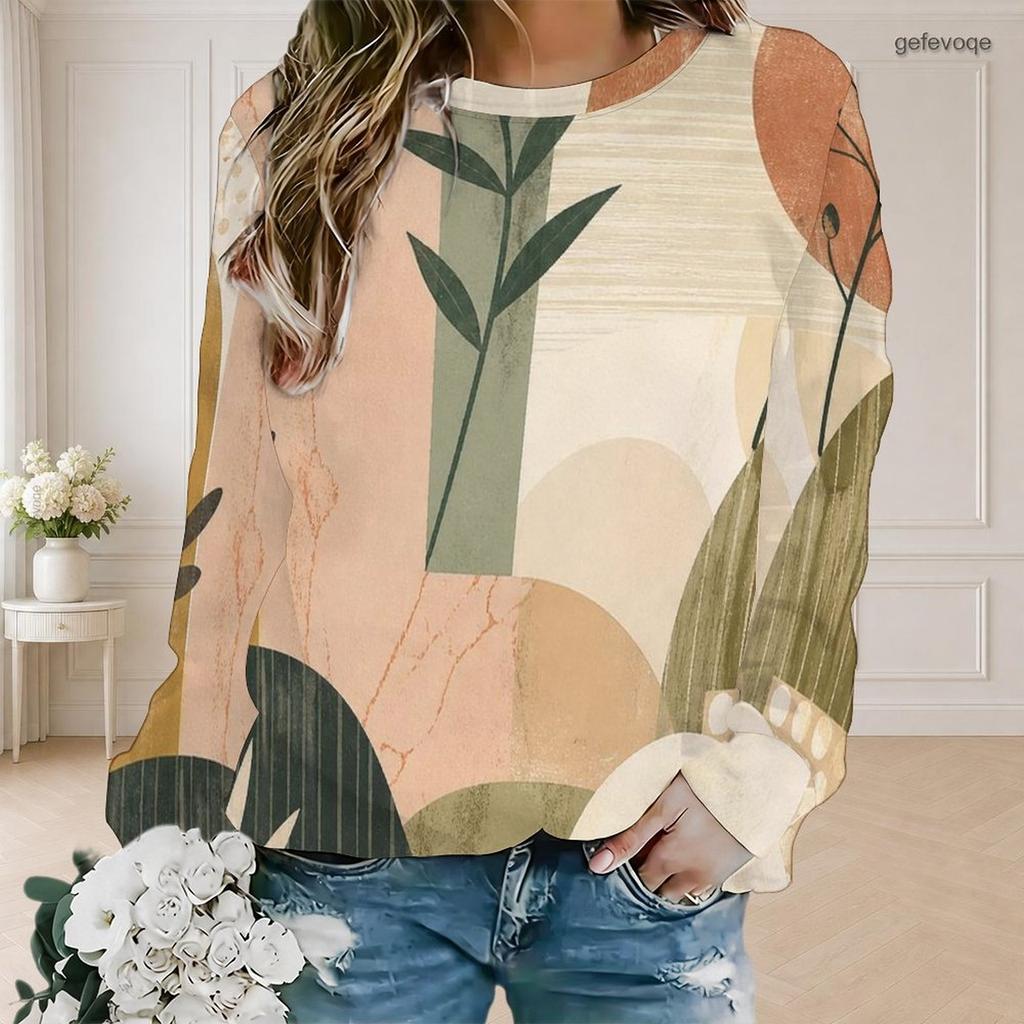 Women Plus Size Round Neck Long Sleeve Abstract Geometric Plant Print Sweatshirt Pullover