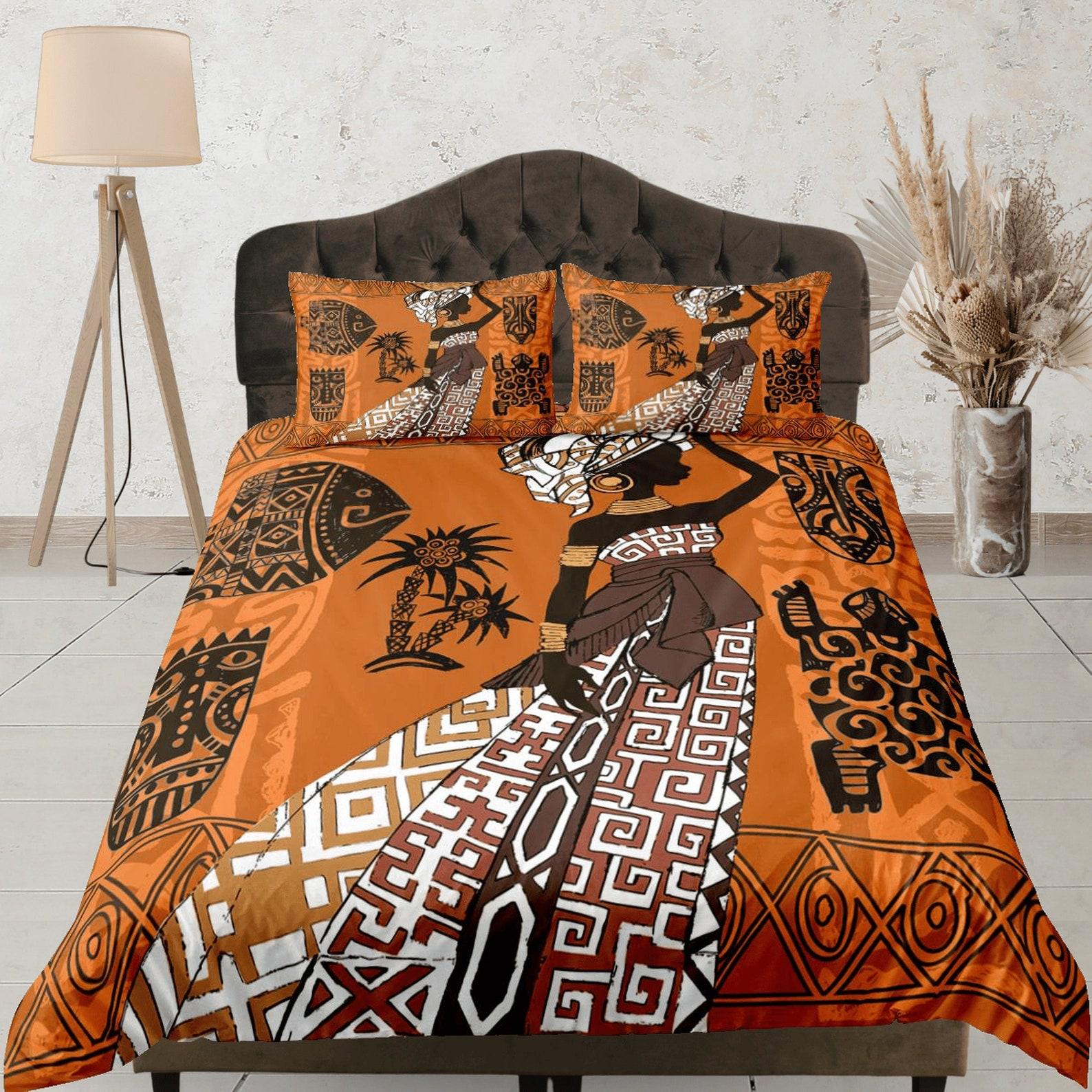 African Woman Art Bedspread, Orange Tribal Bedding Set, Ethnic Print Bedroom, Custom Size Duvet Cover, Dorm Quilt Cover, Unique Bedspread 135x200cm
