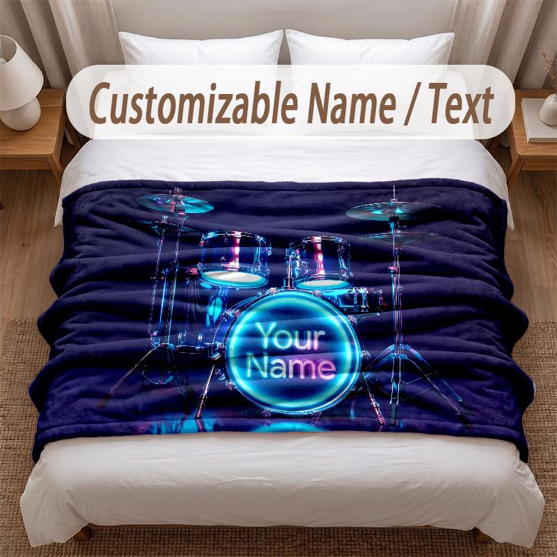 Music Drums Theme Soft Blanket Personalized Custom Name Text Print Warm Blanket Home Sofa Bedroom Decor