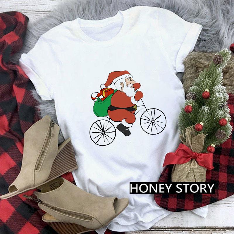 Casual Cute Cartoon Christmas Santa Graphic Female T-Shirt 90S Funny Summer Tees Loose White Blouse Short Sleeve O-Neck Crop Top