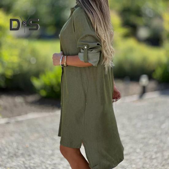Denim Shirt Dress Shirt Collar Long Sleeves Women A-Line Style Dress Solid Color Single Breasted Knee-Length Dress