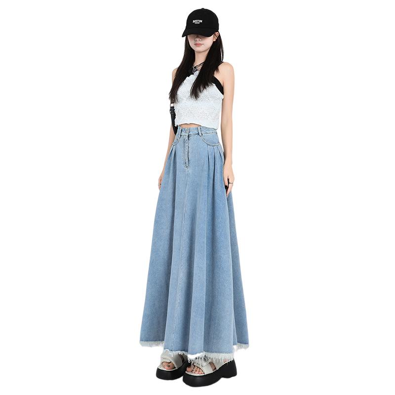 Hong Kong Retro Literary Denim Midi Skirt: Women's 2025 High-Waist A-Line Umbrella Design for Spring/Summer