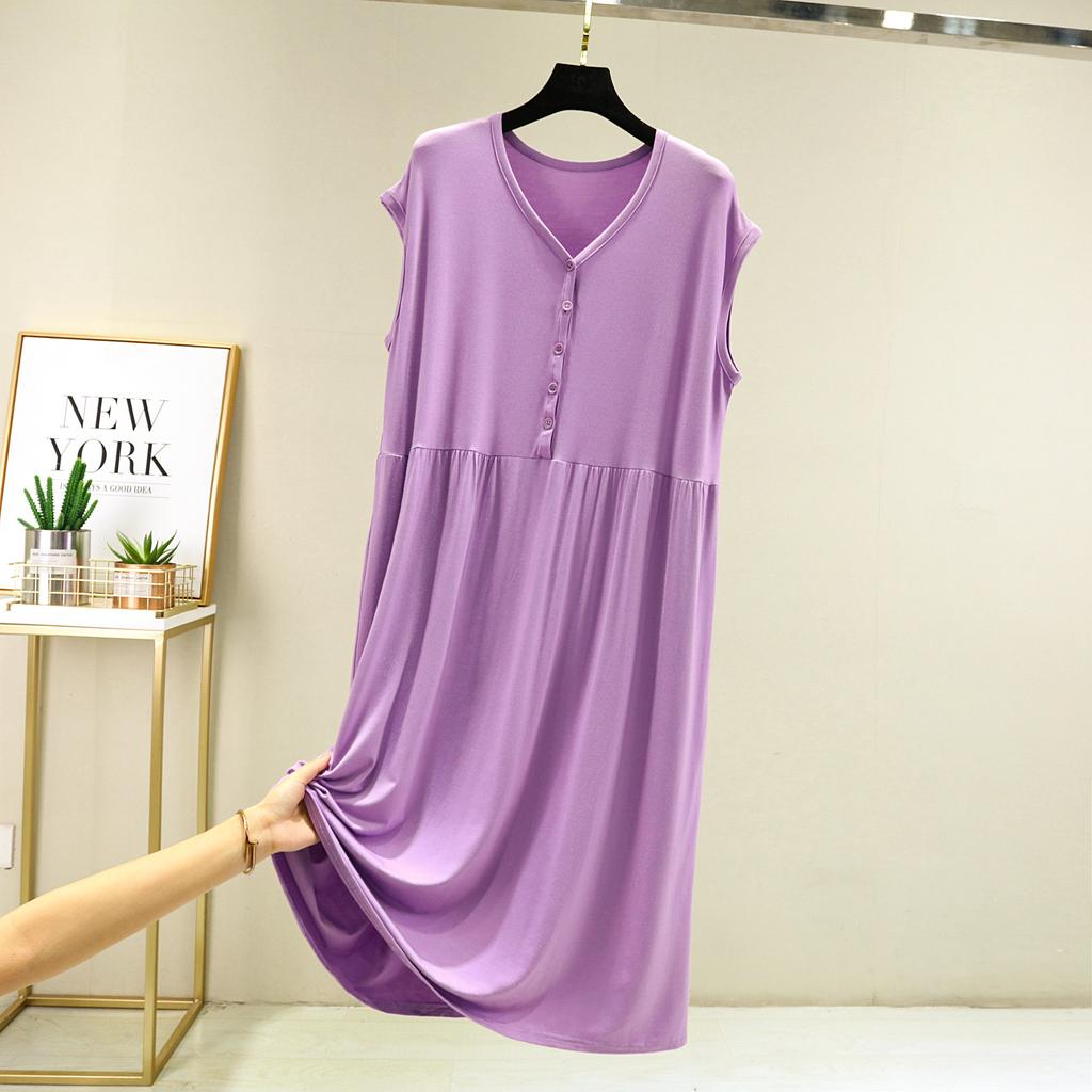 Summer Modal V-Neck Sleeveless Dress Loose Bottoming Dresses Casual Homewear Buttons Sleepdress