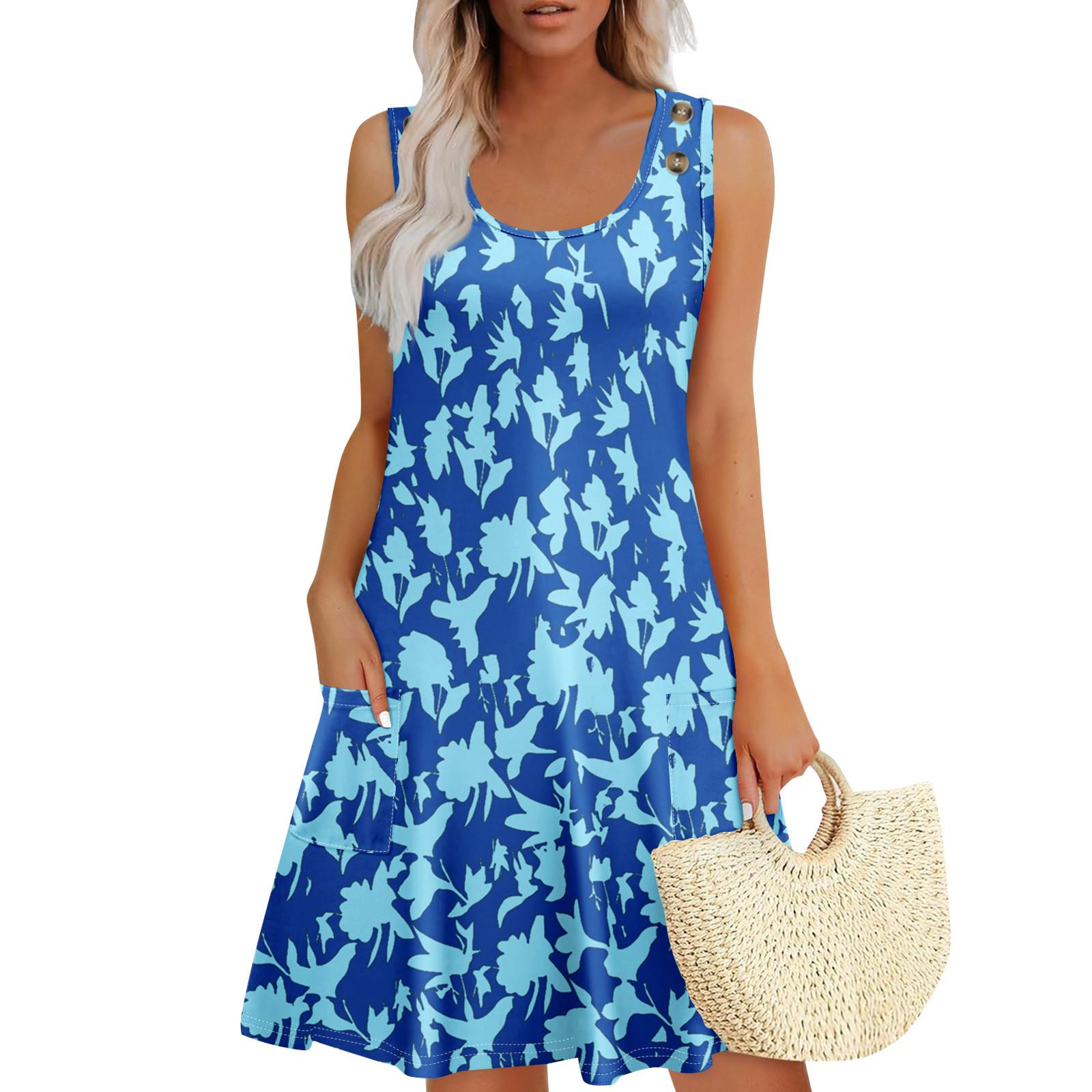 

Летние платья для женщин Пляжный Бохо Без рукавов Принт Струящиеся Карманы Футболки Сарафаны XL