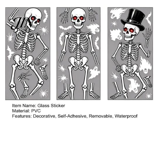 Rent-friendly Glass Decal 3Pcs Halloween Skeleton Stickers, Waterproof PVC Window Clings, Static Decals, Stress-free Removable Stickers for