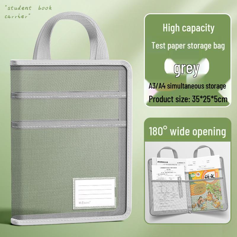 L-Shaped A4 Exam Paper Storage Bag with Zipper, Mesh Pockets, & Large Opening for Middle School Students
