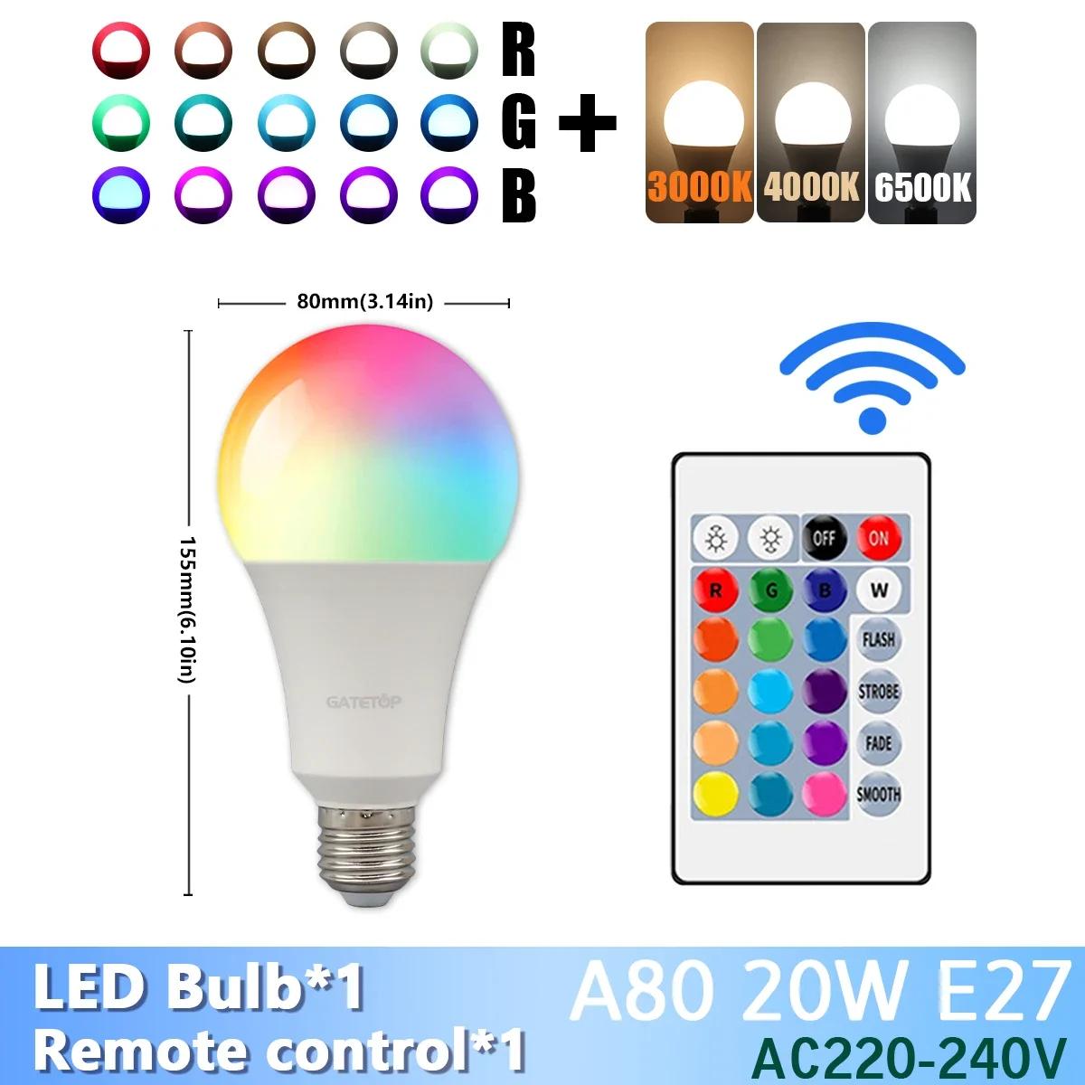 

1-10 шт. Надяскрава RGB LED лампочка 20 Вт, лампа з пультом дистанційного керування на 24 кнопки, регульована яскравість, AC220V, різнокольорова зміна для спальні, вітальні, дому AC220-240V&RGB 6500K