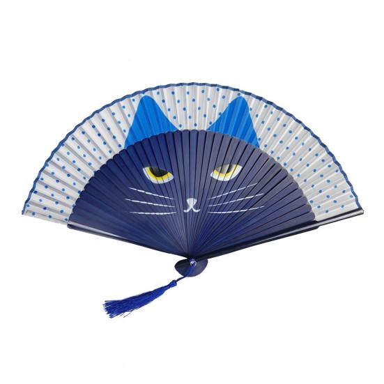 Cartoon Cat Folding Fan Japanese Style Wooden Hand Held Fan