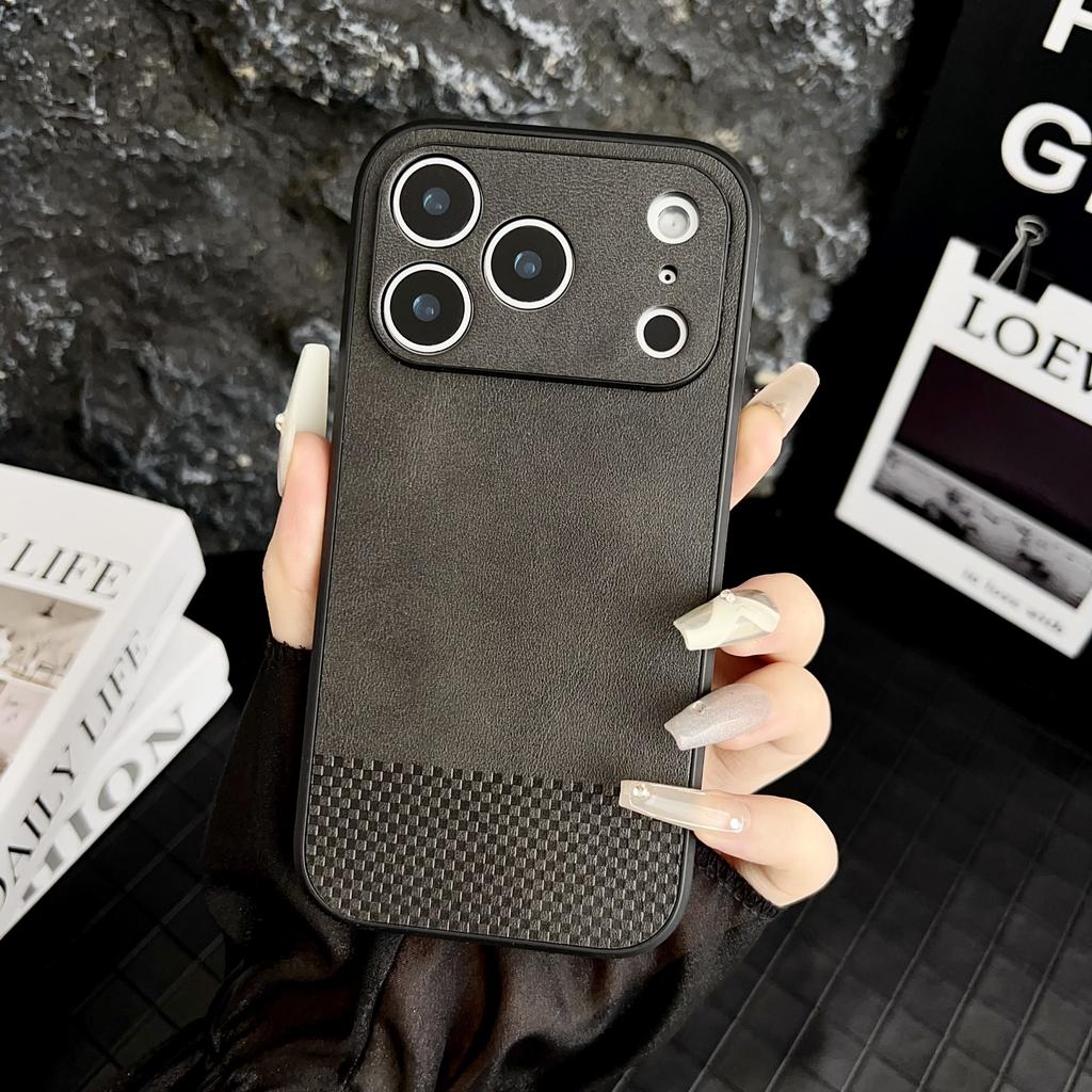 For iPhone 17 Pro Max Case Grid Texture PU Leather Coated PC TPU Phone Cover