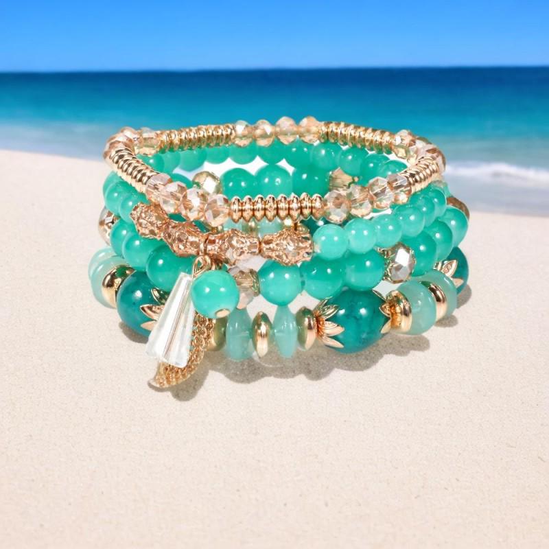 

Шикарний богемний чотиришаровий браслет з жіночою китицею з скляних намистин