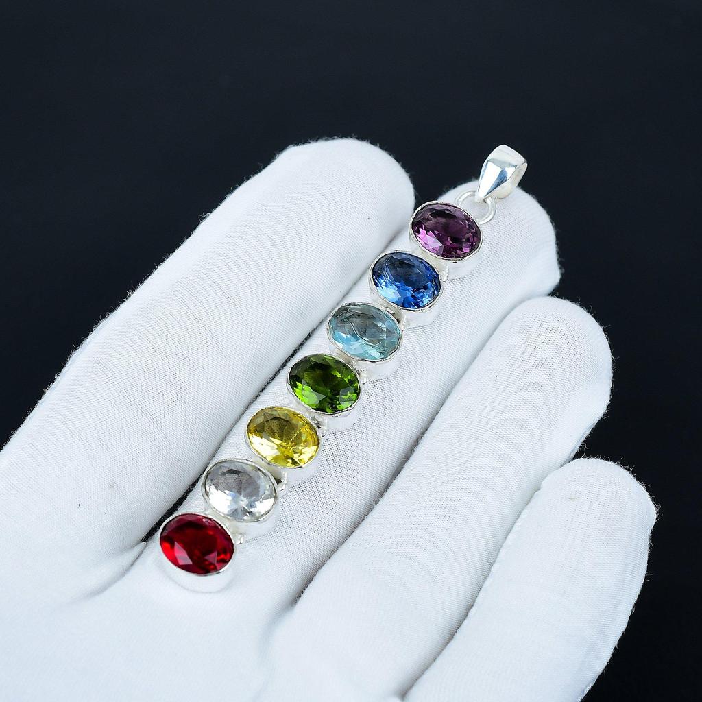 Beautiful 7 Chakra Pendant, 925 Sterling Silver Pendant, Handmade Pendant, Antique Pendant, 7 Chakra Gemstone Pendant, Party Wear Gift
