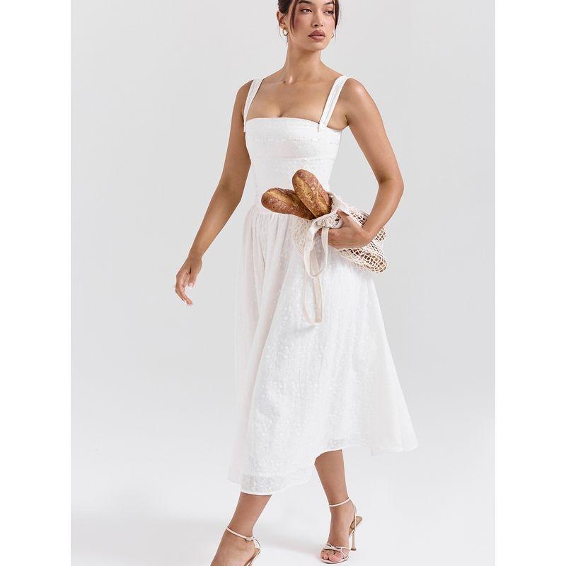 House Same Style Moonlight Dew French Style Pastoral Style Embroidered White Suspender Skirt Waist Hugging Slimming Long Dress