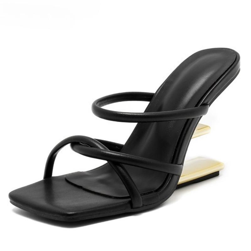 Fashion Golden Black Hollow Out Narrow Band Womens Slippers Design Style Fretwork High Heels Banquet Party Summer Womens Shoes