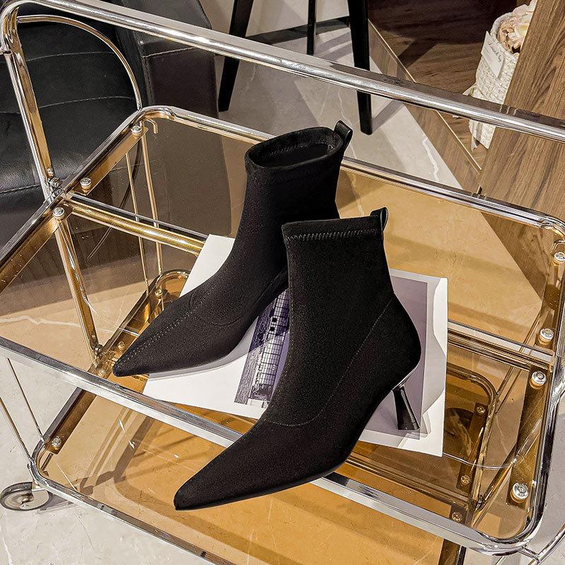 Pointed thin heel thin boots fashion high heel short boots women's 2024 new autumn and winter mid-tube boots sleeve small bare boots
