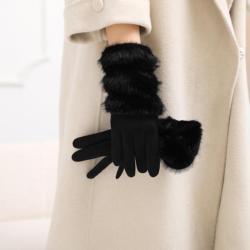Korean Two-color Imitation Rabbit Fur Gloves Women Imitation Suede Warm Full Finger Gloves Touch Screen Windproof Riding Gloves