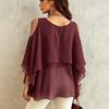 Women's Fashion Casual Mid Length Round Neck Lightweight Chiffon Blouse Cape Layered Design Cold Shoulder Top for Daily Wear