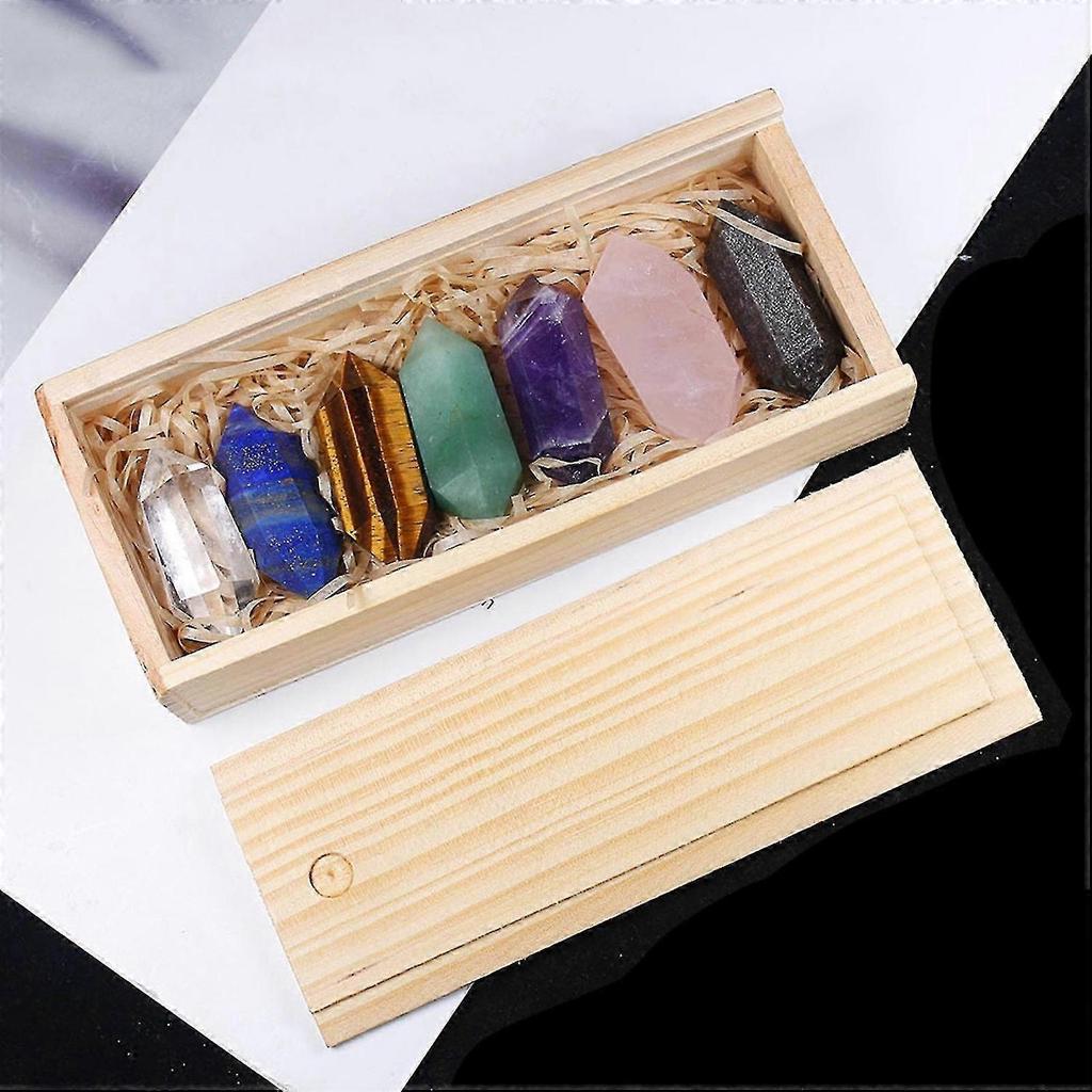 Double Points Natural Crystal Stone Pillar 7 Pcs Wooden Gift Box Packaging Set Healing Crystal Wand For Home Bedroom