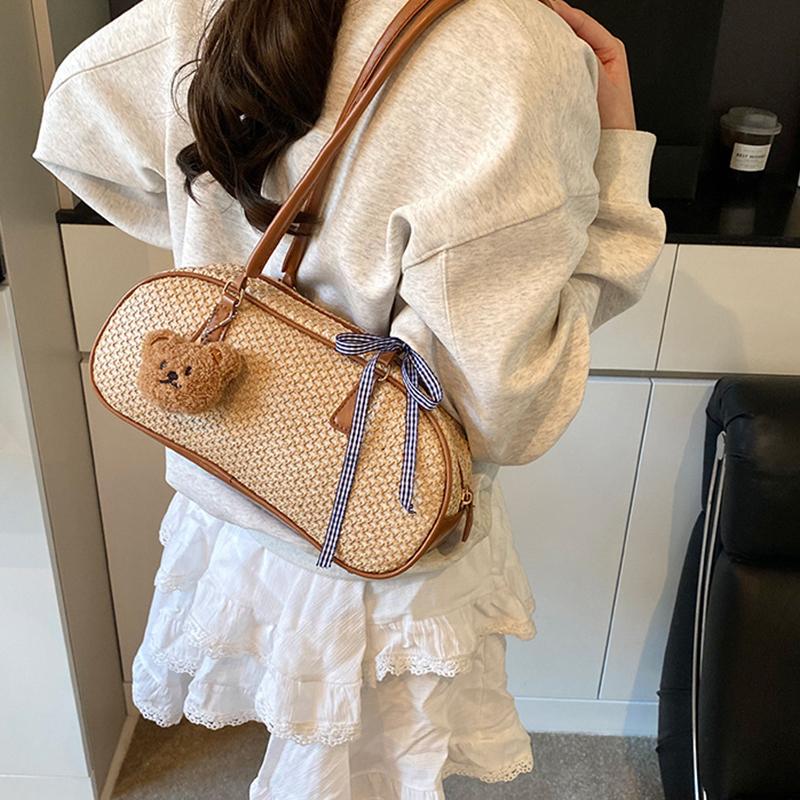 Yogodlns Jarní novinka Simple Sweet Bow Summer Beach Taška přes rameno Univerzální taška do podpaží ze slámy pro volný čas pro ženy
