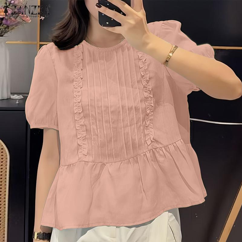 ZANZEA Dame Casual Rund Hals Løs Sommer Kort Erm Bluse
