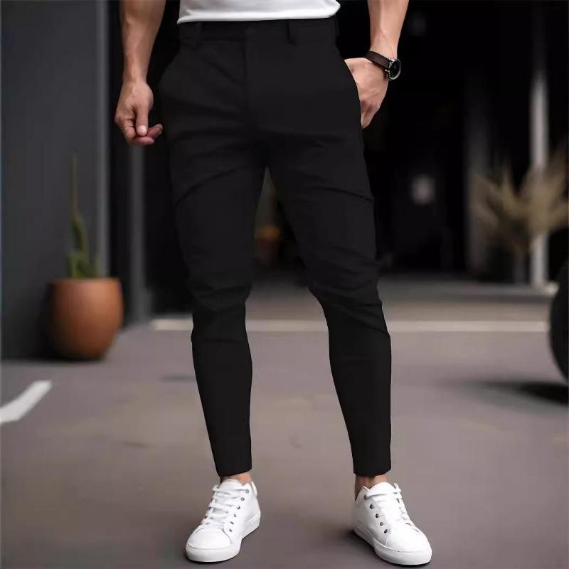 Men Solid Color Elastic Casual Tapered Long Pants