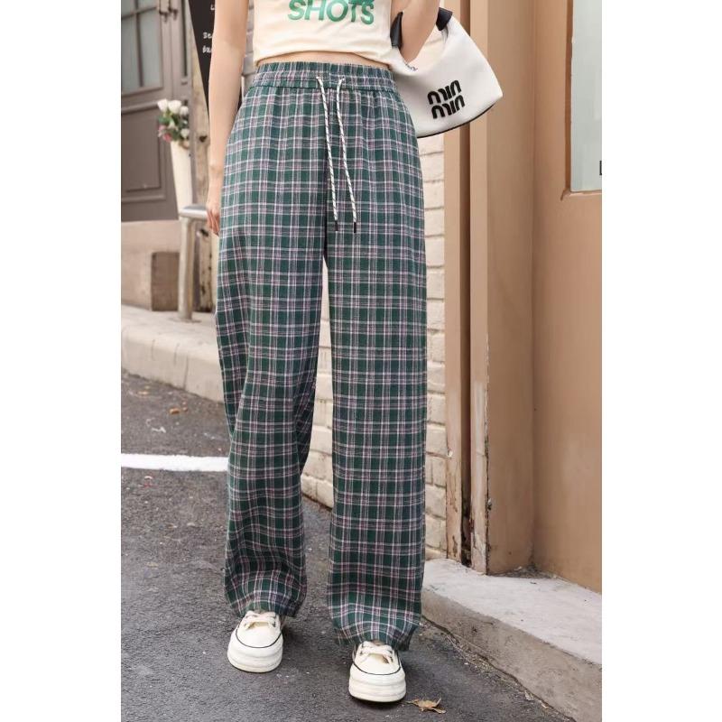 Vintage Fashion Plaid Casual Pants Versatile Ankola Red Loose Wide Leg Pants High Waist Skinny Lazy Straight Pants