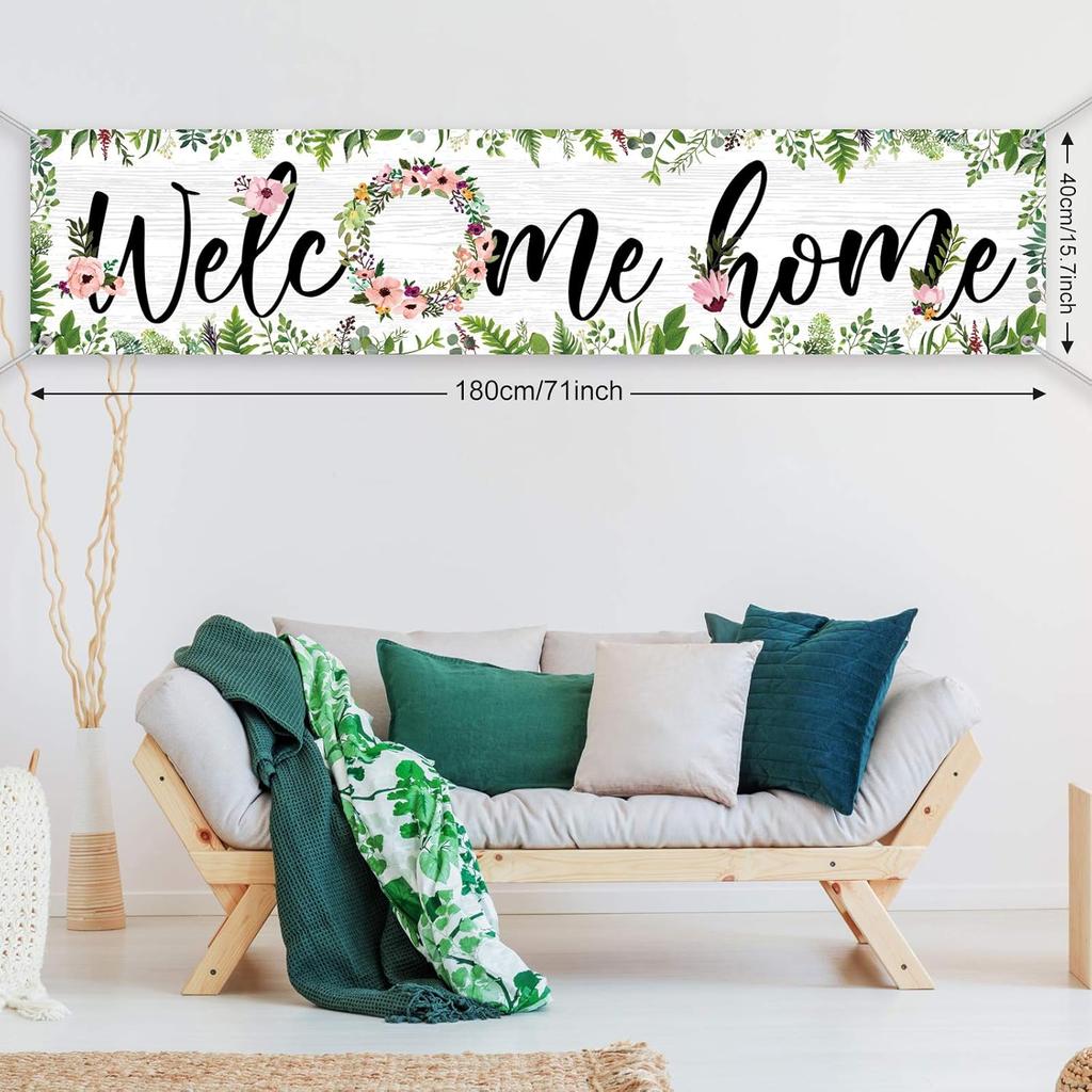 Sumind Welcome Home Banner Large Welcome Home Sign Decorations with Rope Hanging Seasonal Spring Flower Garland Grass Backdrop for Housewarming Party