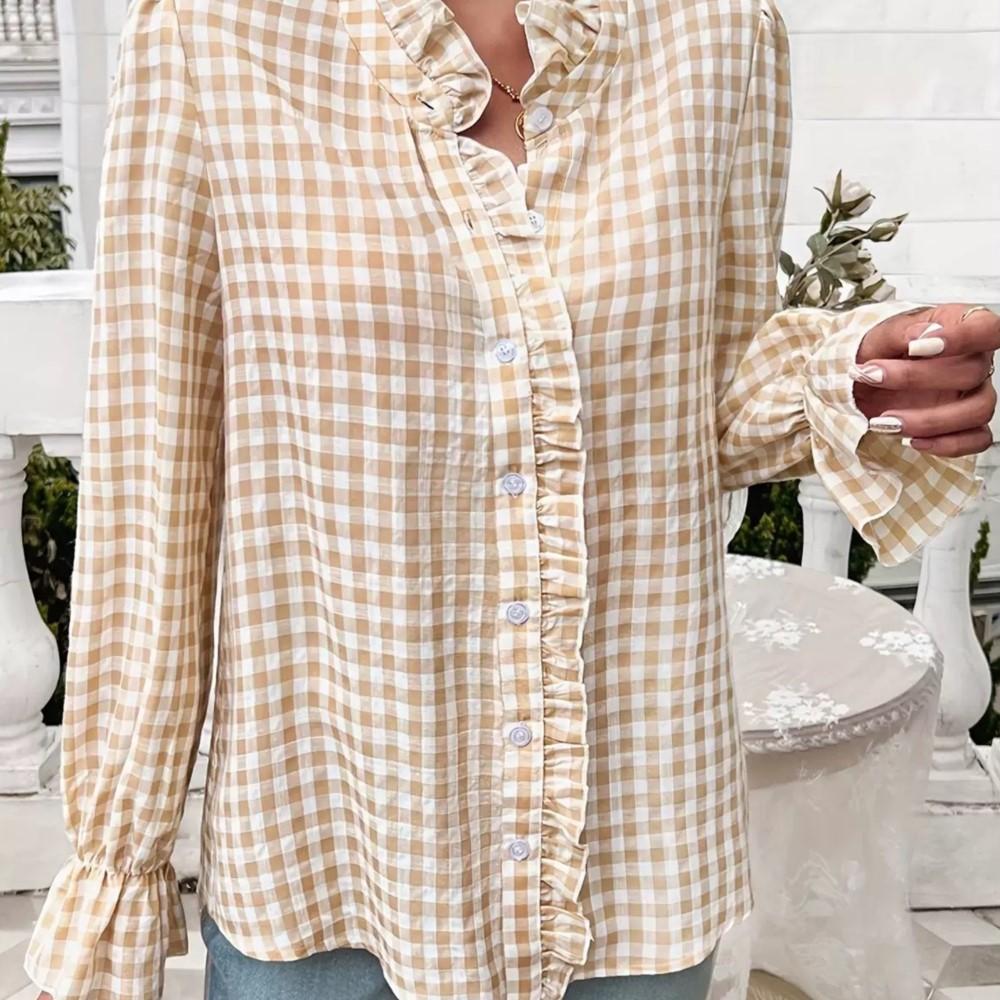 Fungus Edge Stand Collar Plaid Long-sleeved Shirt Women Spring Summer Casual Loose Single-breasted Female Versatile Shirt Tops