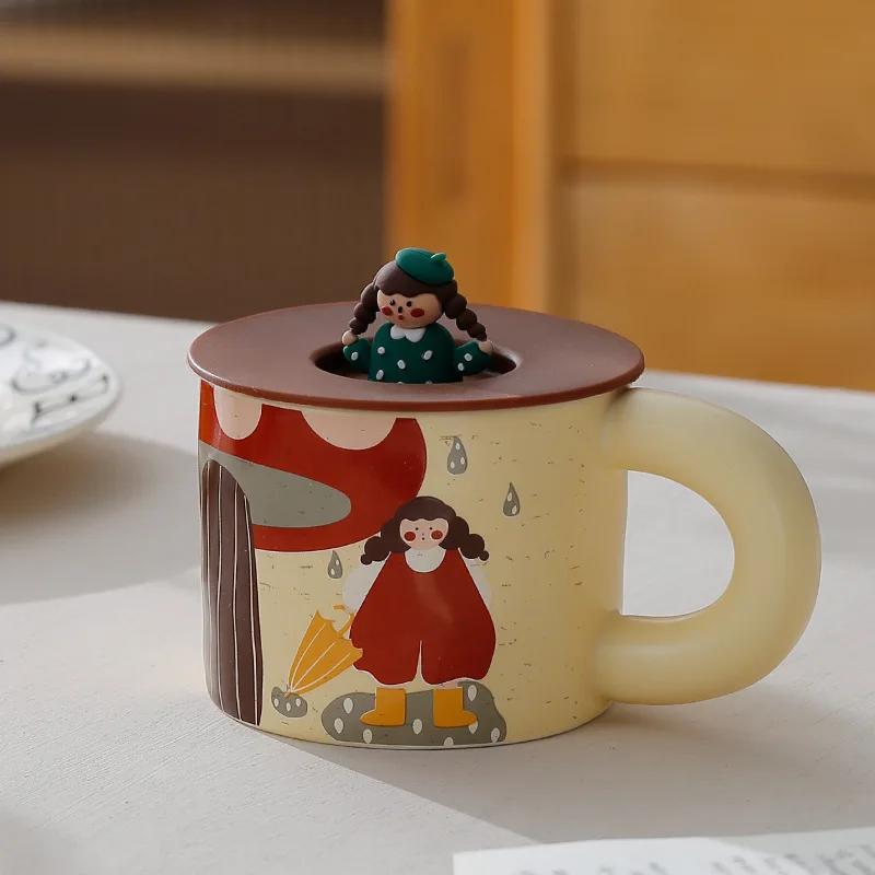Retro Cartoon Ceramic Mug Ceramics Espresso Cup High-looking With Lid Mug for Coffee Creativity Personalized Gift Teaware Cafes
