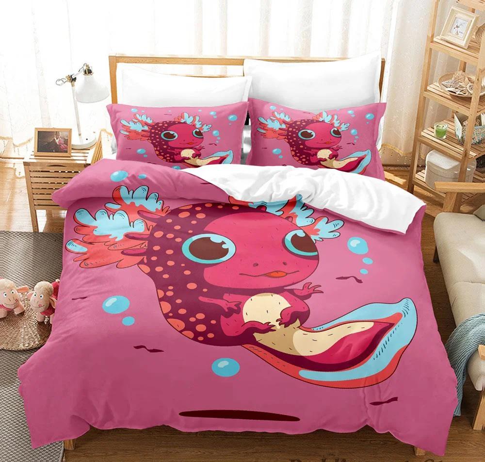 Kawaii Djur Axolotl Tryck Sängkläder Set Enkelt Twin Full Queen King Size Sängset Aldult Barn Sovrum Påslakanset 3D Anime