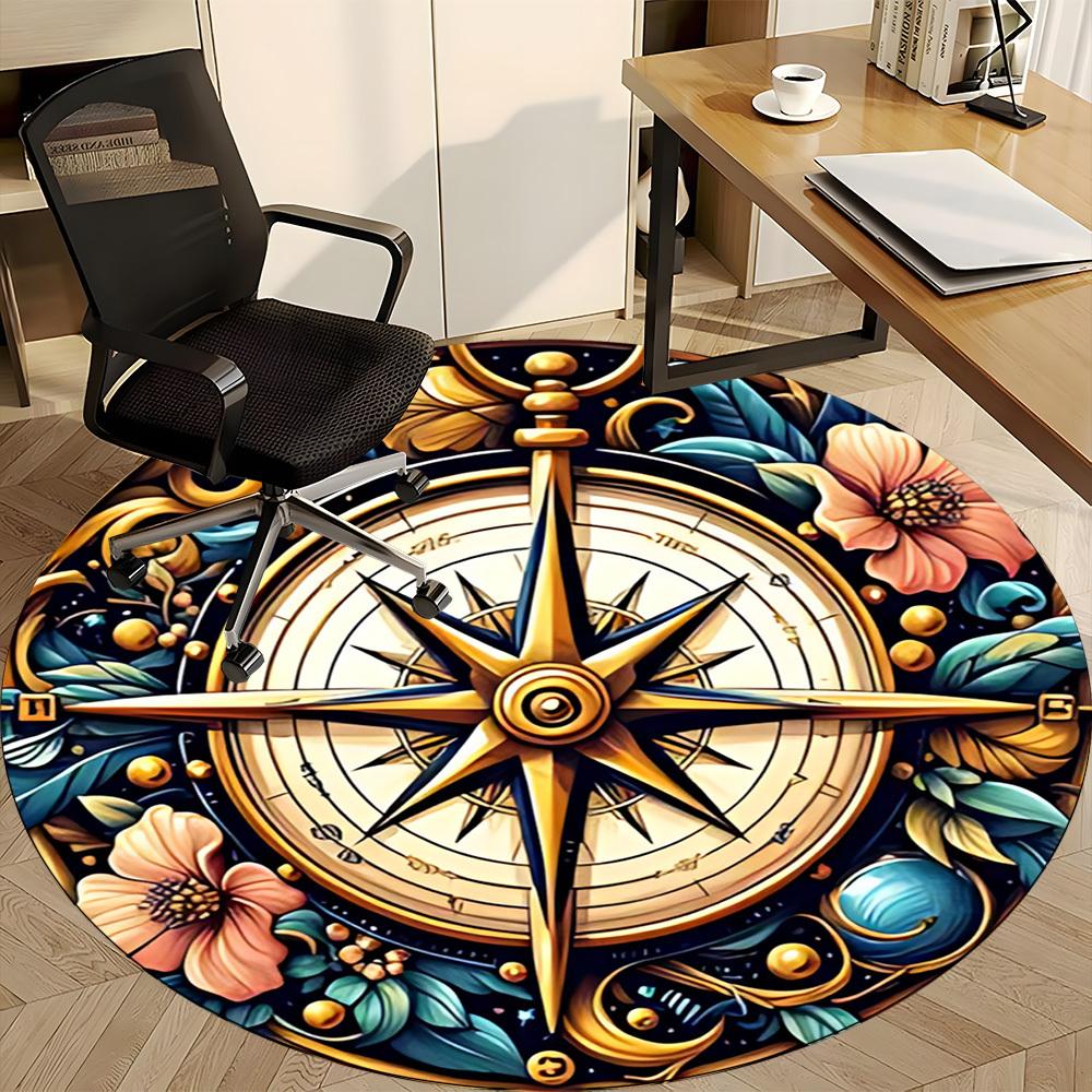 1pc Compass Floral Office Round Area Rug, Indoor Mat Suitable For Office, Under Office Chairs Bedroom Living Room Home Decor, Room Deco