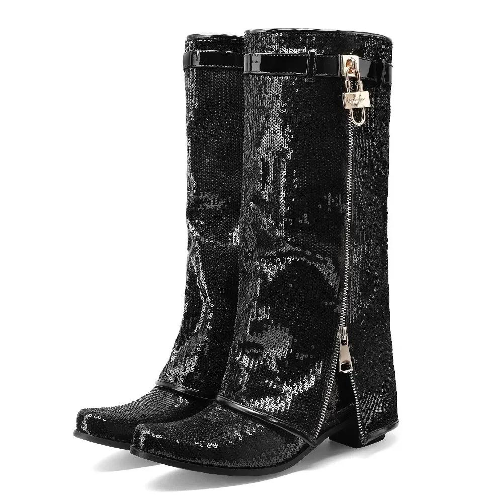 Lesklé flitrované látkové kozačky nad koleno s ohrnutým horním lemem Dámské s blokovým podpatkem Růžovo-zlaté Párty Kulatá špička Zámek Pásek Zip Bling Dlouhé kozačky k sukni