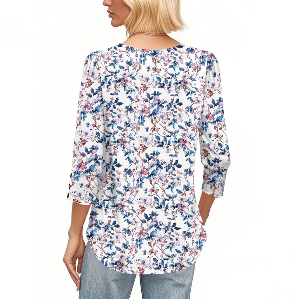Womens Tops 3/4 Sleeve With Buttons Casual Blouses Summer Outfits Beach Vacation Clothes