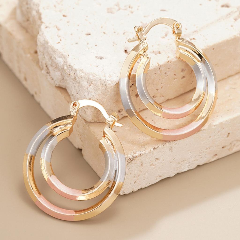 Double Layer Two Tone Hoop Earrings for Women Stylish Three Tone Round Circle Earrings Fashion Daily Party Jewelry