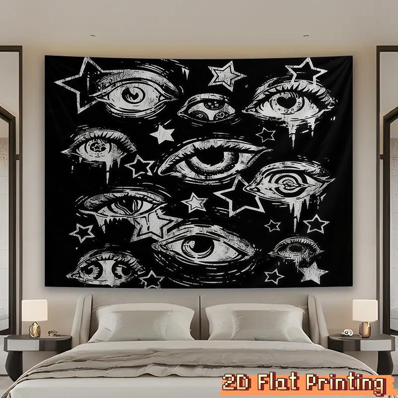 Abstract Art Tapestry 2D Flat Black White Eyes and Stars Print for Modern Bedroom Living Room Wall Decor