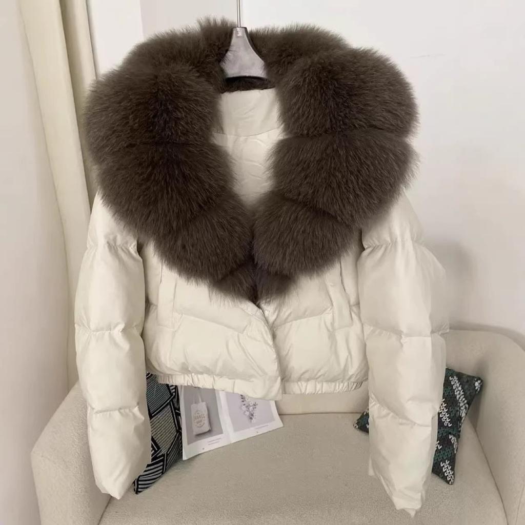 Winter Damen Kurz Warm Feder Baumwolle Kleidung Anti-Fuchs Pelzkragen Jacke