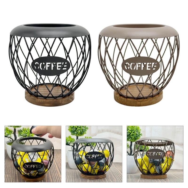 Artistic Iron Fruit Basket Inspired Coffee Pods Rack Open Structure Kitchen Office Storage Durable Metal Wood Materials