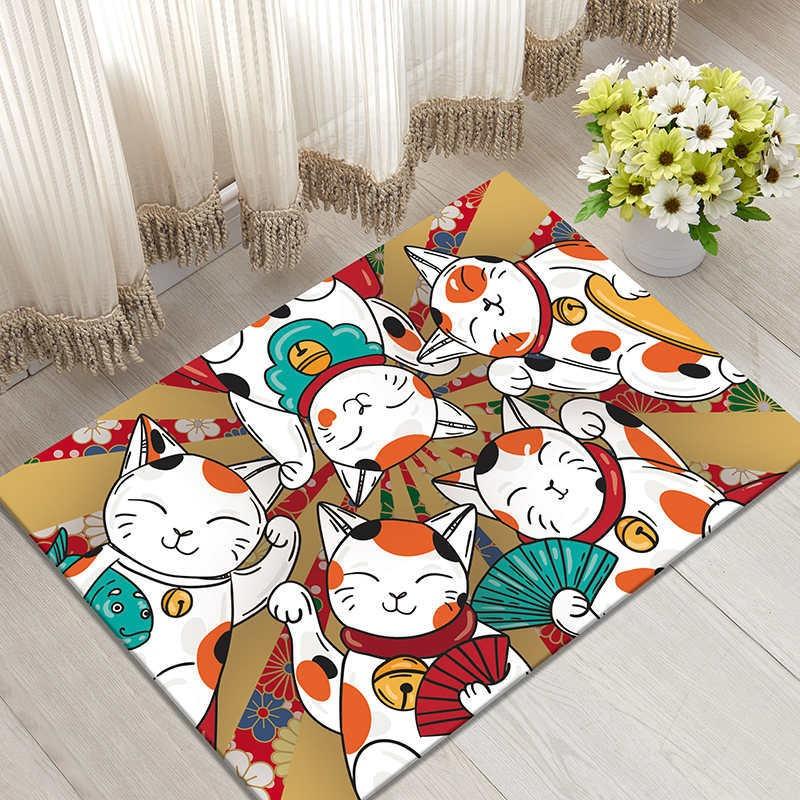 Lucky Cat Print Doormat Super Absorbent Non-Slip Entrance Rug for Home Decor Japanese Style Waterproof Floor Mat Popular Carpet