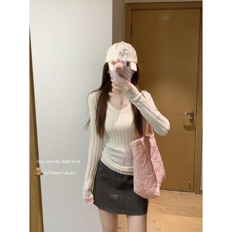 Sweet collar slim fit pure desire to look thin knitted bottoming shirt autumn pit strip age reduction inner top sweater