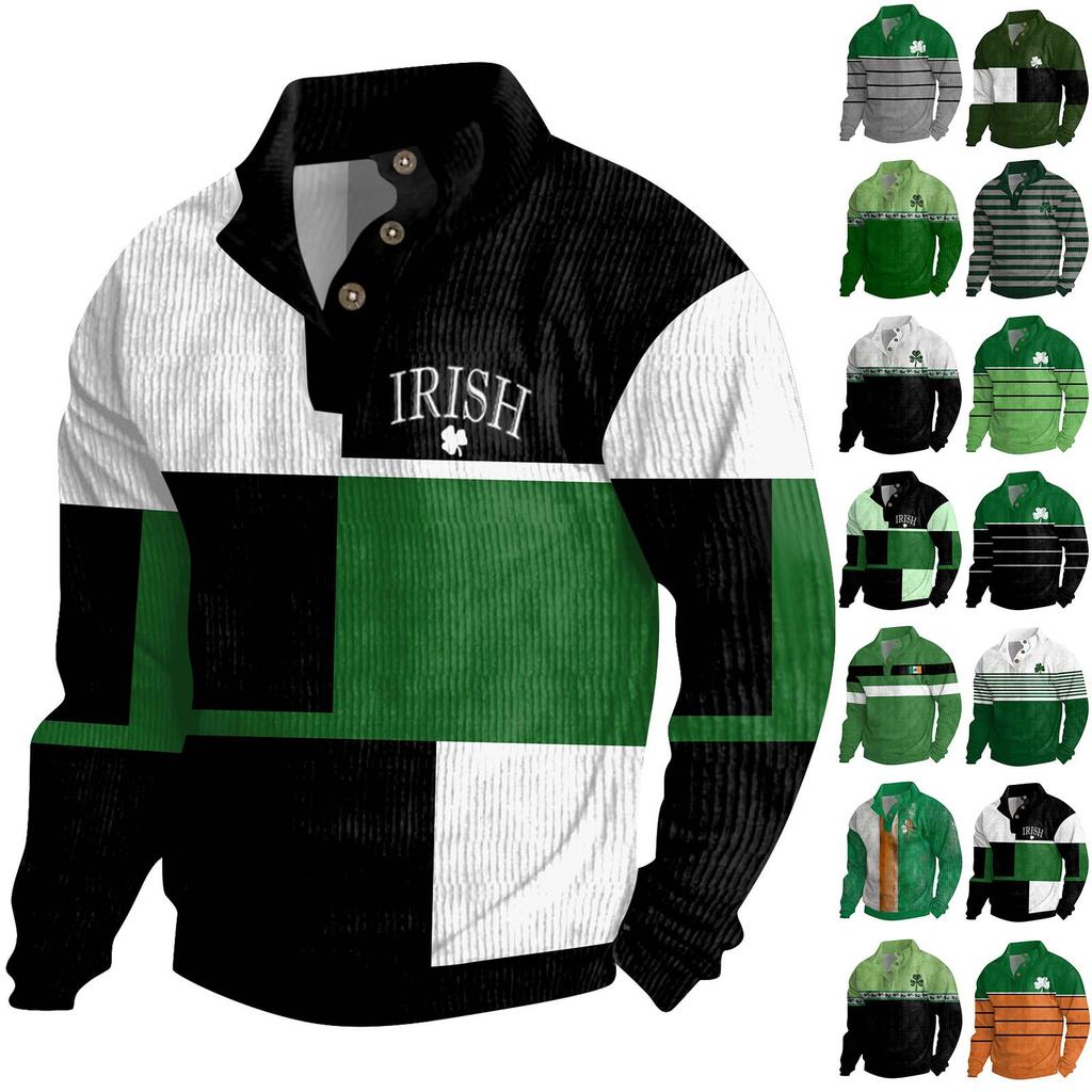 Svatý. Patrick Pánský bavlněný svetr s dlouhým rukávem Venkovní košile Vintage manšestrová košile na knoflíky se stojáčkem Ležérní mikina s potiskem