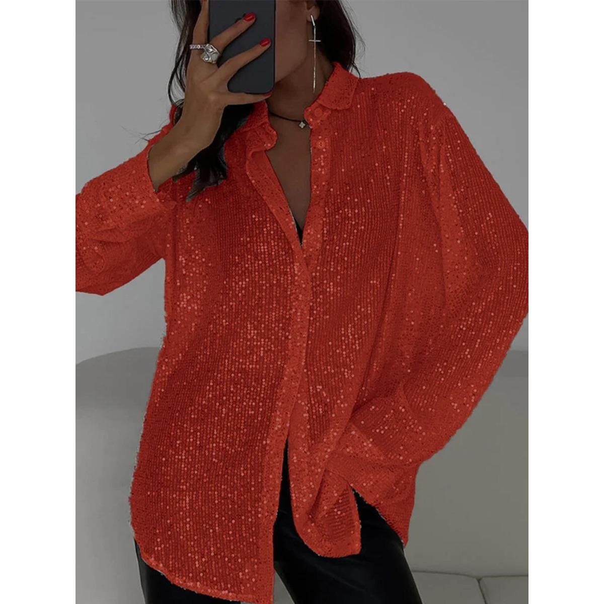 

Sequin Loose Fashion Shirts Female Casual Lapel Cardigan New Outwear Glitter Party Blouse Luxury Women s Shirt XXXL червоний