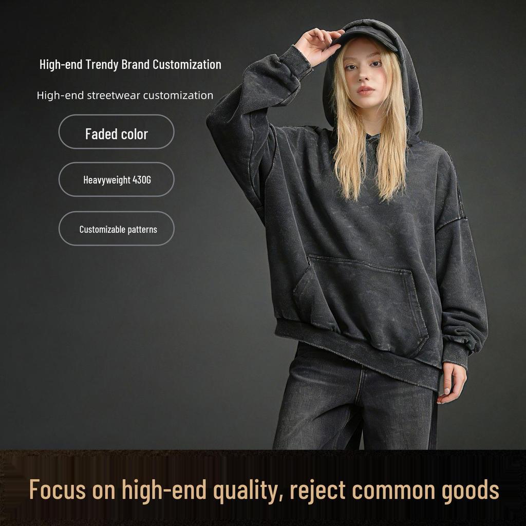 Unisex Vintage American Street Style Washed Cotton Hoodie - Long Sleeve Casual Retro Top