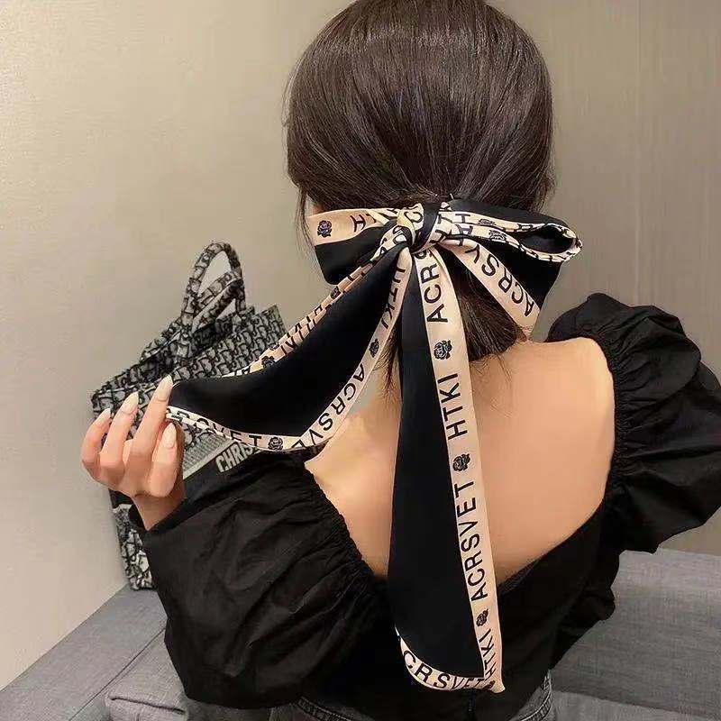 Fashion Printing Silk Hair Scarf for Women Chiffon Long Ribbon Ponytail Ties Headbands