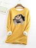 Autumn and Winter New Plus Size Fashionable Round Neck Pullover Cat Long Sleeved Plus Plush Thick Women's Bottoming Shirt Top