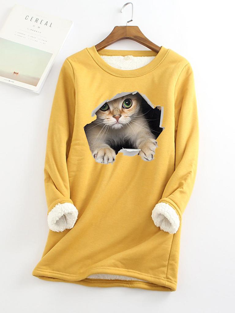 Autumn and Winter New Plus Size Fashionable Round Neck Pullover Cat Long Sleeved Plus Plush Thick Women's Bottoming Shirt Top