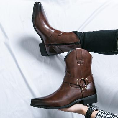 Men Cowboy Boots PU Solid Color High Top Pointed Low Heel Side Zipper Outdoor Desert Boots Comfortable Classic Men Boots