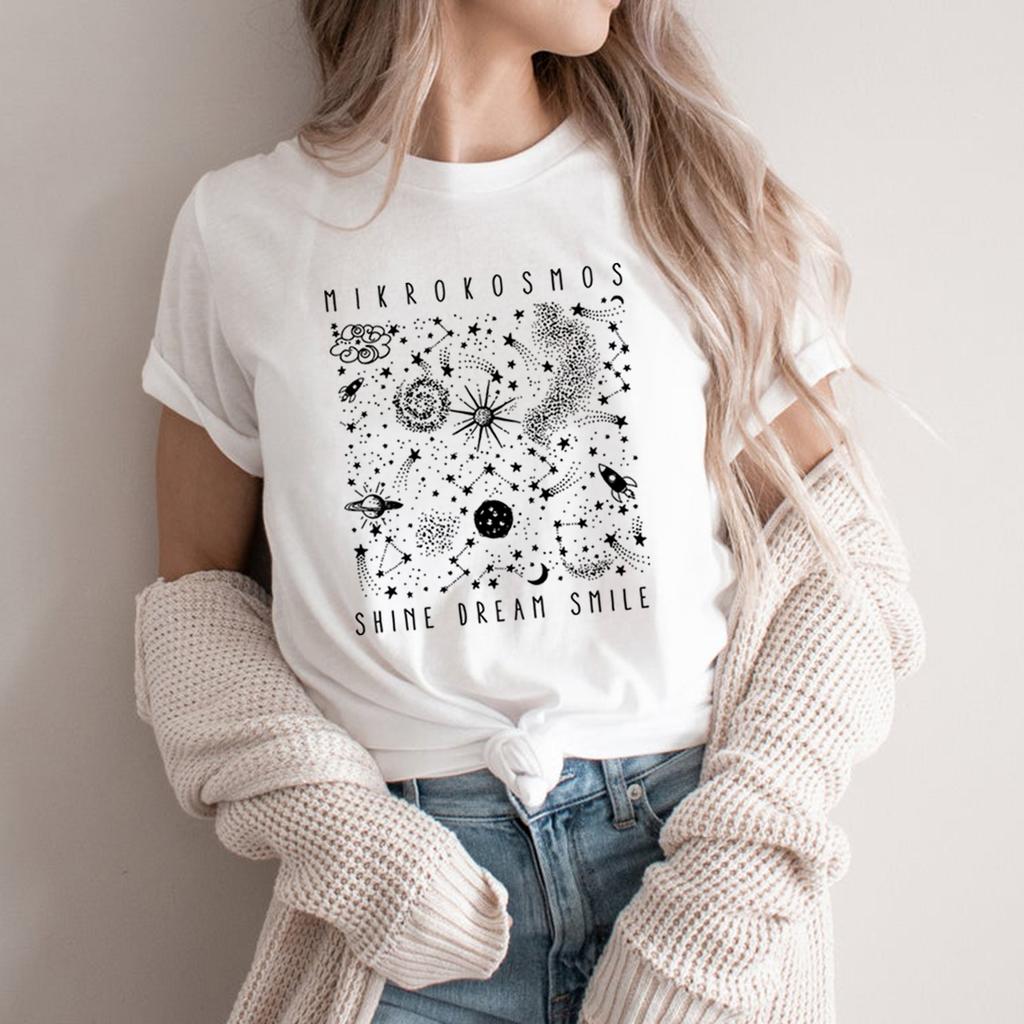 Mikrokosmos Grafik Tişörtler Shine Dream Smile Tişört Parıldayan Yıldız Işığı Gömleği Kadın Kısa Kollu Tişörtler Kpop Müzik Hayranları Hediye