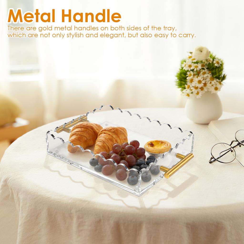 Acrylic Scalloped Tray with Handle and Magnetic Photo frame Mat Decorative Rectangle Desktop  Clear Displaying Organizer Tray