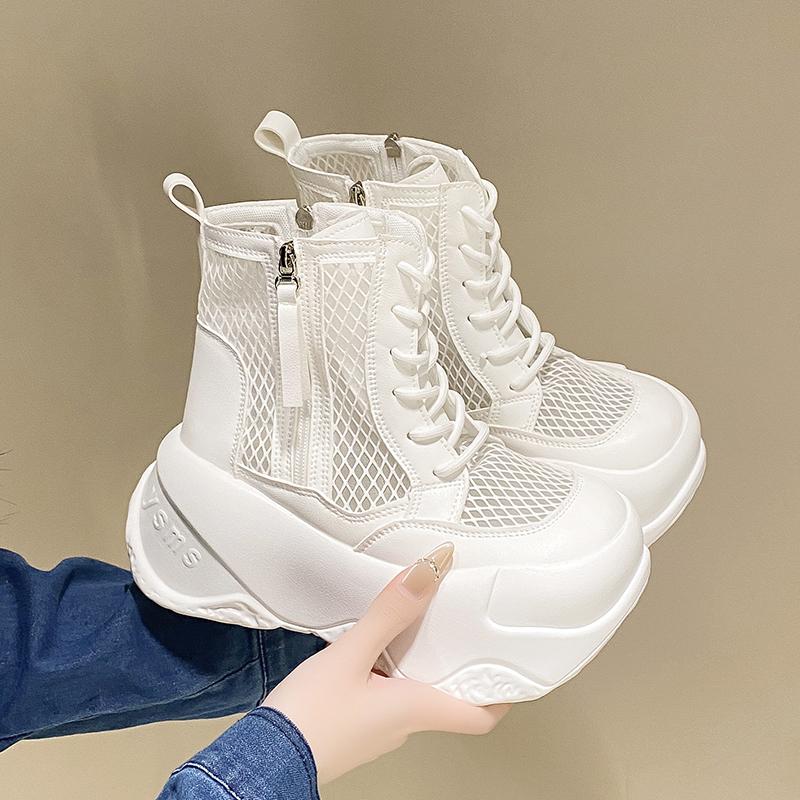 Fashion Spring/Summer High Top Women's Mid Calf Cool Boots Platform Mesh Hollowed Side Zipper Casual Shoes Sneakers